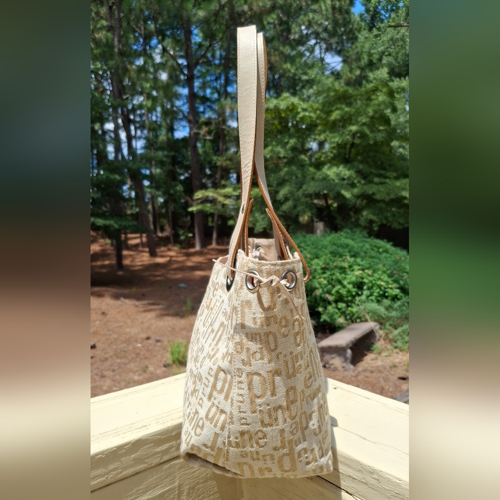 Prune Logo Print Soft Cream/Tan Canvas & Tan Leather Trim Shoulder Bag - Picture 6 of 15